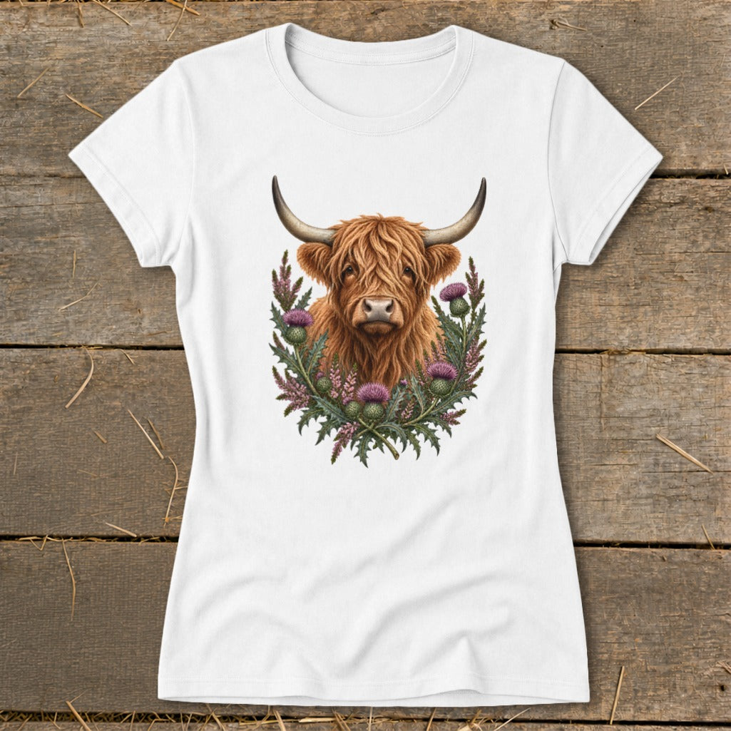 White t-shirt with a Highland cow and thistle wreath graphic.
