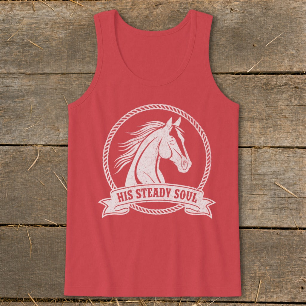 Red tank top with a white horse head graphic and "HIS STEADY SOUL" text.