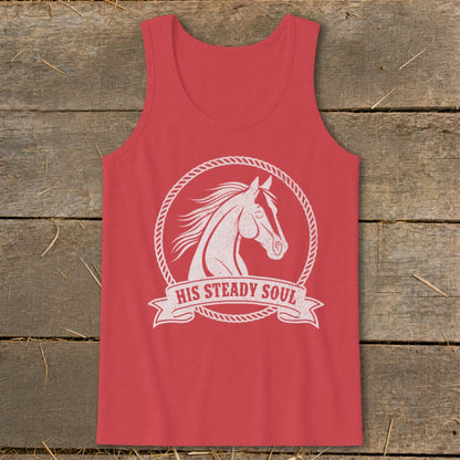 Red tank top with a white horse head graphic and "HIS STEADY SOUL" text.