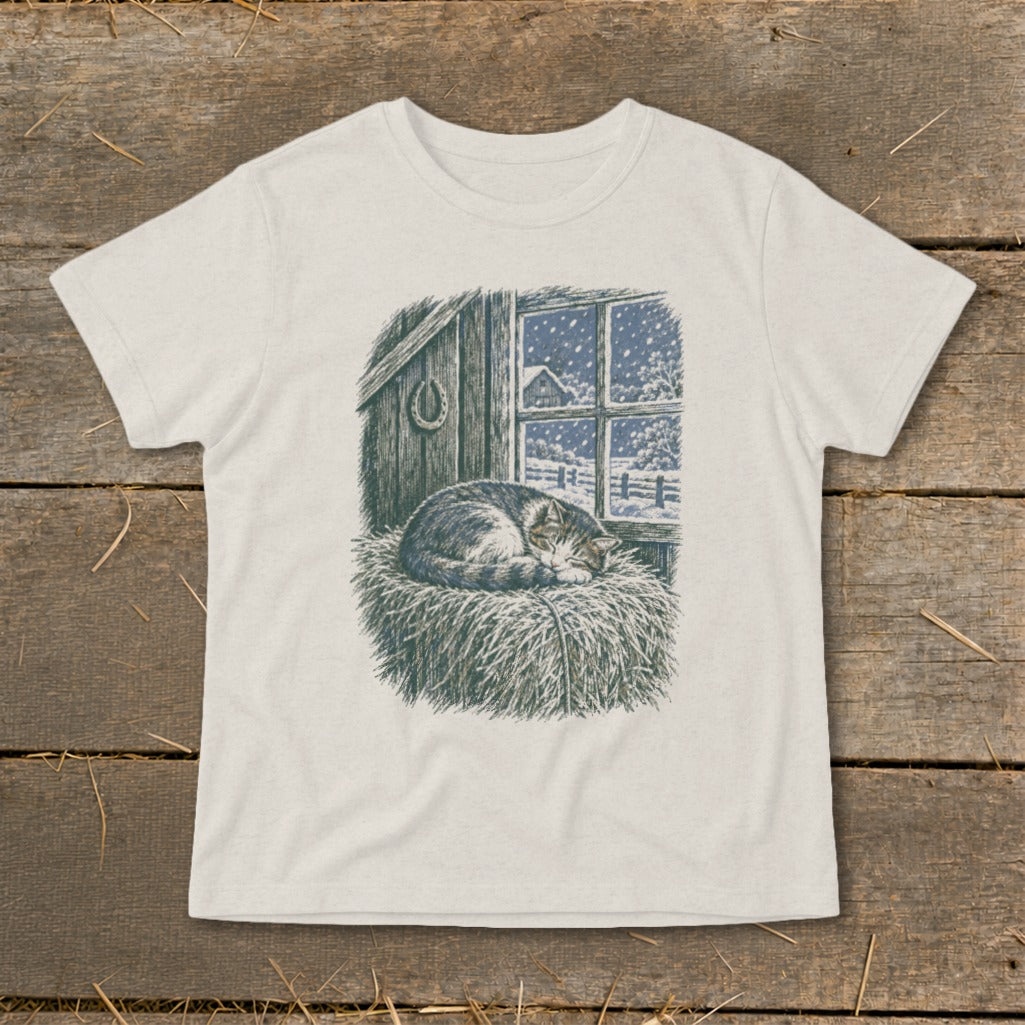 Cat sleeping on hay bale in front of window showing snowy farm scene.