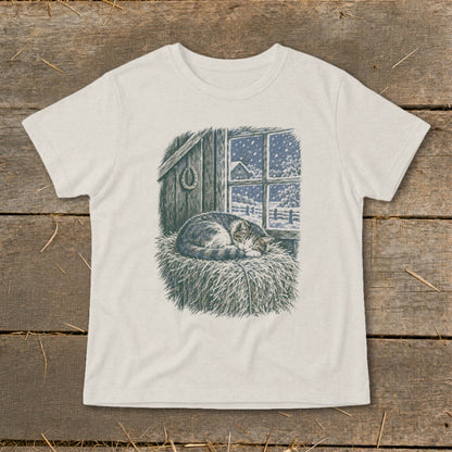 Cat sleeping on hay bale in front of window showing snowy farm scene.