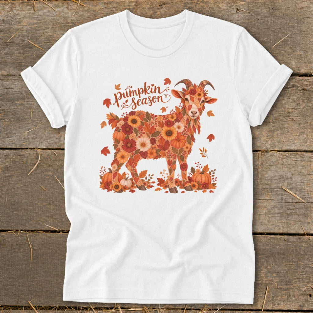 White t-shirt with a goat made of autumn flowers and leaves, "Pumpkin Season" text.