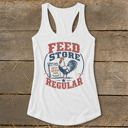White tank top with "Feed Store Regular" text and a rooster with a grain bag graphic.
