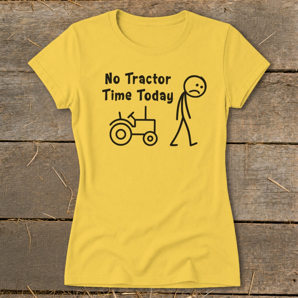 Yellow t-shirt with black text and stick figure graphics of a tractor and sad person.