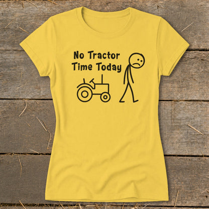 Yellow t-shirt with black text and stick figure graphics of a tractor and sad person.
