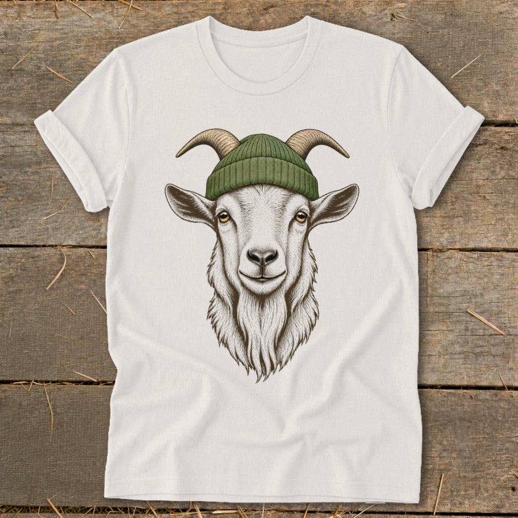 White t-shirt with a drawing of a goat wearing a green beanie.