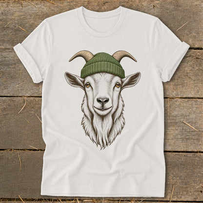 White t-shirt with a drawing of a goat wearing a green beanie.