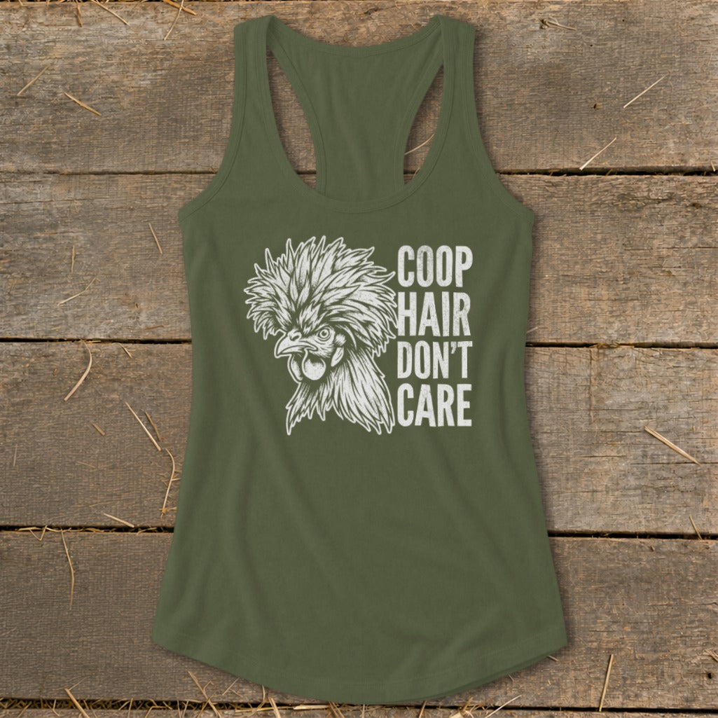 Green tank top with "Coop Hair Don't Care" text and chicken graphic.