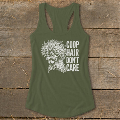 Green tank top with "Coop Hair Don't Care" text and chicken graphic.