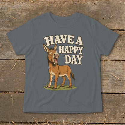 Donkey with open mouth on t-shirt with text "HAVE A HAPPY DAY".