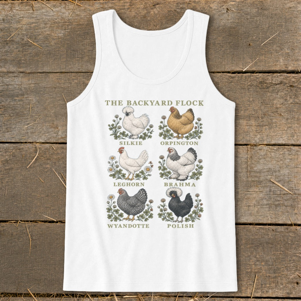 White tank top with a graphic of six chicken breeds labeled "The Backyard Flock".