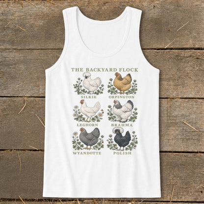 White tank top with a graphic of six chicken breeds labeled "The Backyard Flock".