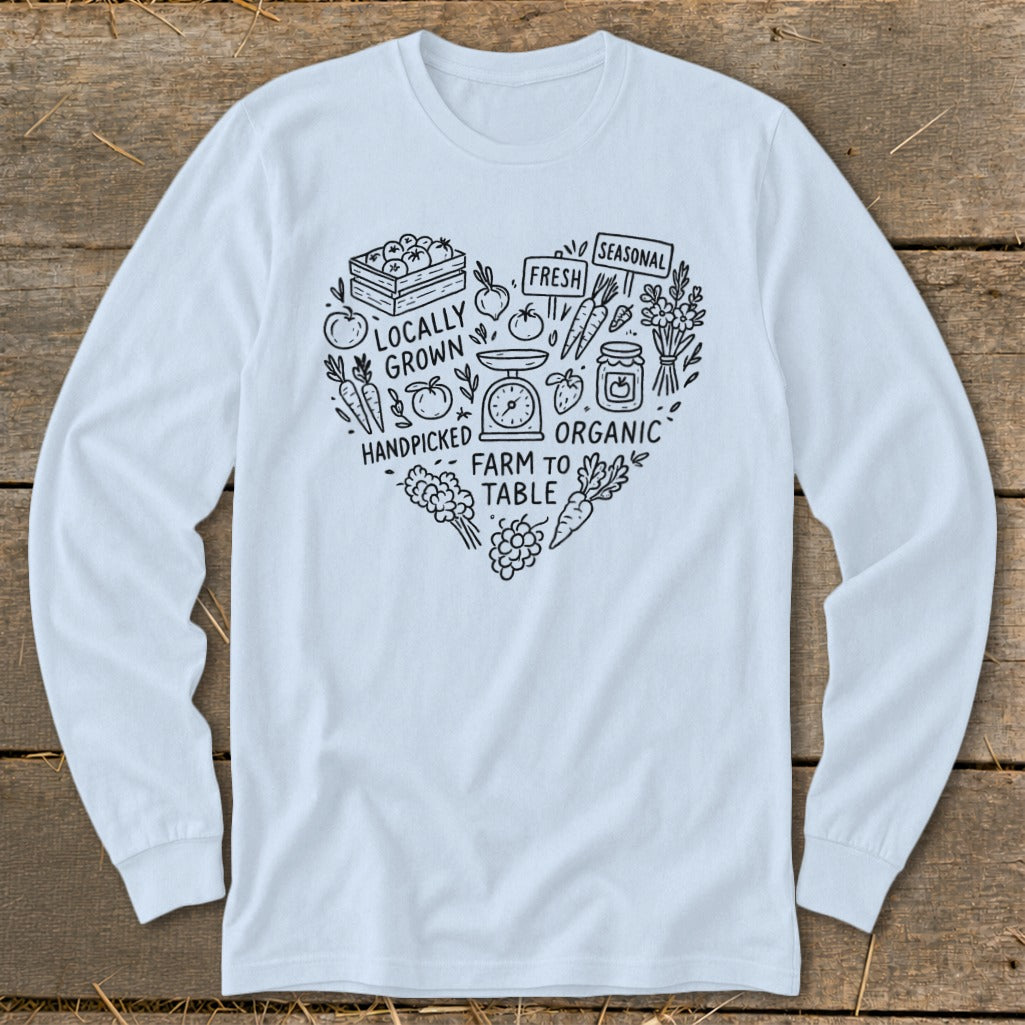 White long sleeve shirt with heart graphic of produce and text: Locally Grown, Fresh, Seasonal, Handpicked, Organic, Farm to Table.