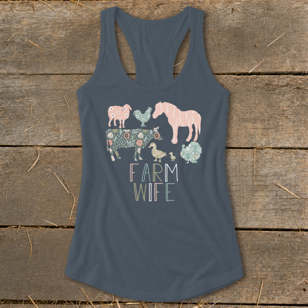 Dark gray tank top with floral farm animals and "FARM WIFE" text.