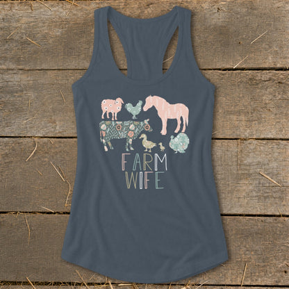 Dark gray tank top with floral farm animals and "FARM WIFE" text.