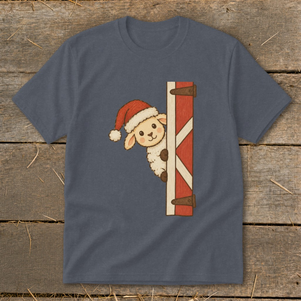 Sheep wearing Santa hat peeking around a red barn door.