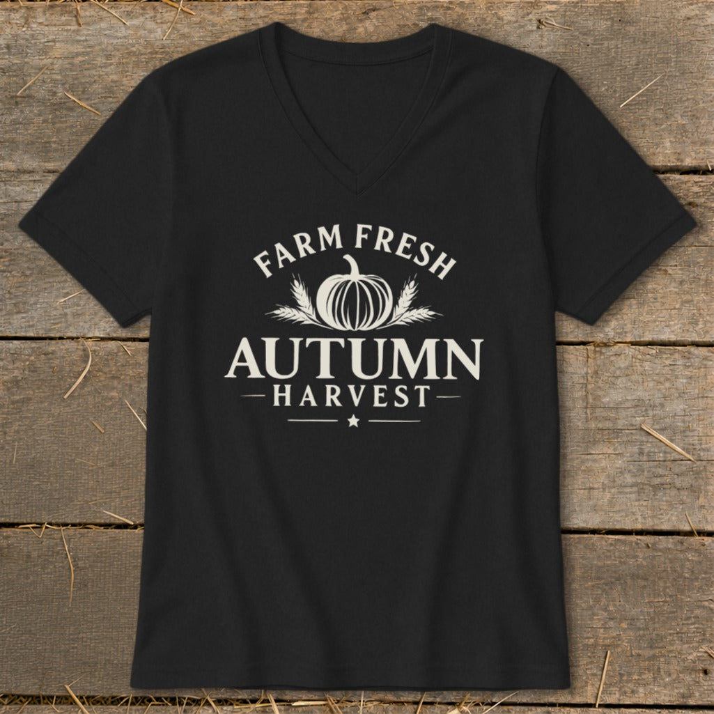 Black v-neck t-shirt with "Farm Fresh Autumn Harvest" text and pumpkin graphic.