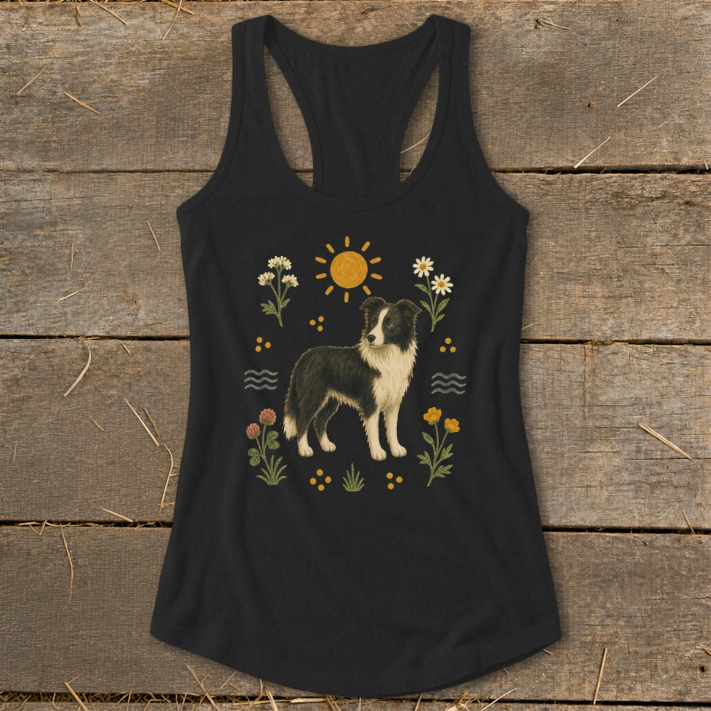 Black tank top with a black and white border collie graphic and floral details.