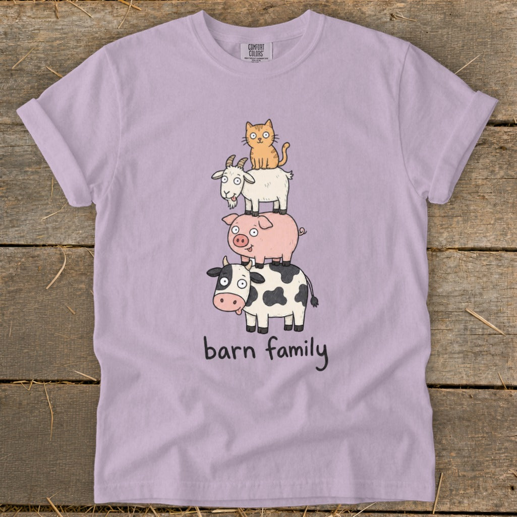 Cow, pig, goat, and cat stacked with "barn family" text.