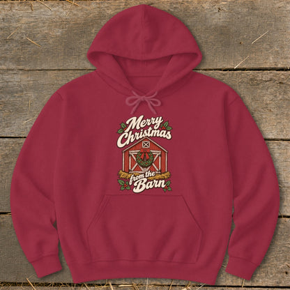 Maroon hoodie with a graphic that says "Merry Christmas from the Barn".