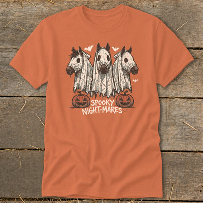 Three horses in ghost costumes with pumpkins and bats, text reads "SPOOKY NIGHT-MARES".