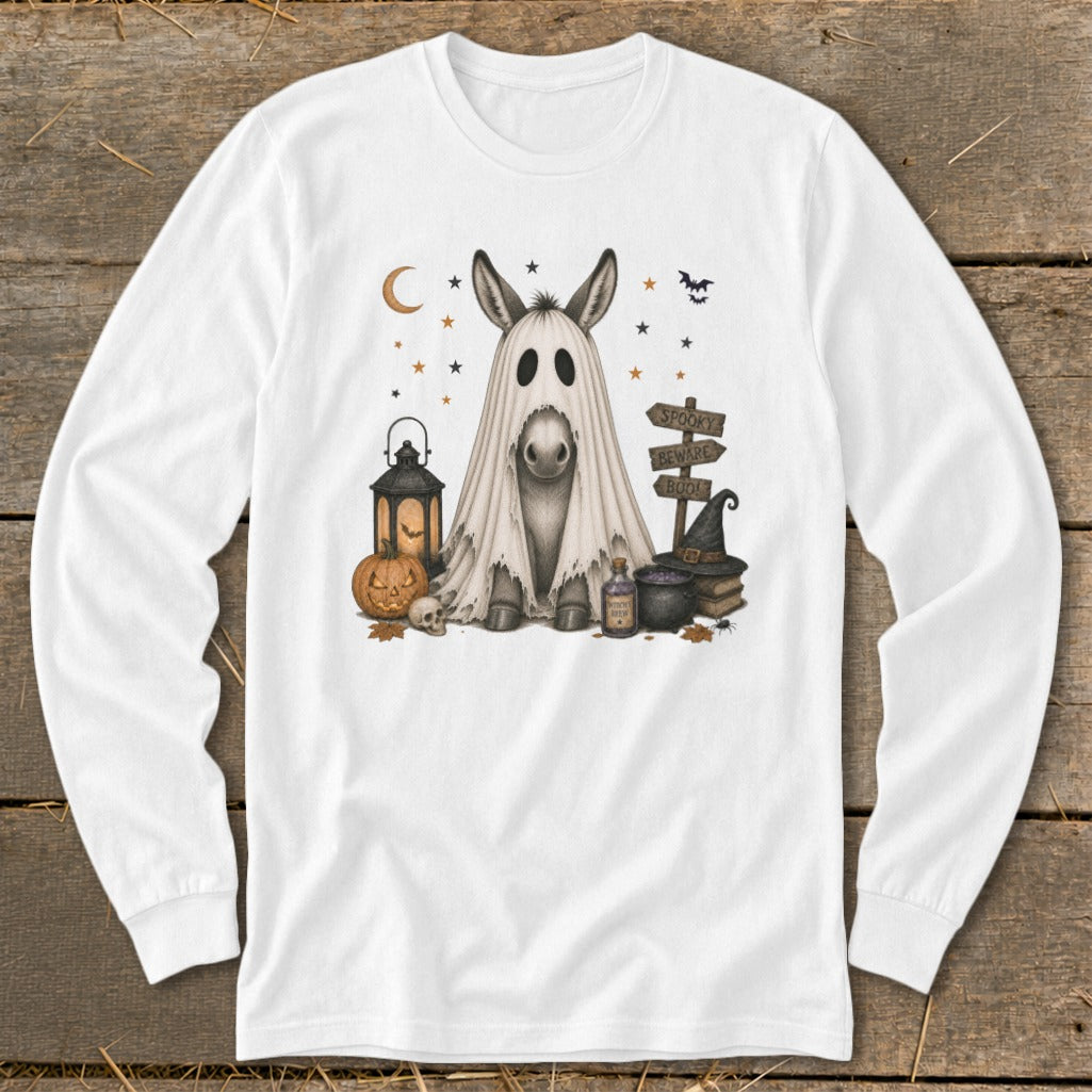 Donkey dressed as a ghost with Halloween decorations and spooky signs.