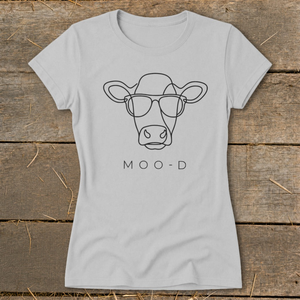 Light grey t-shirt with black line drawing of a cow wearing sunglasses and the text "MOO-D".