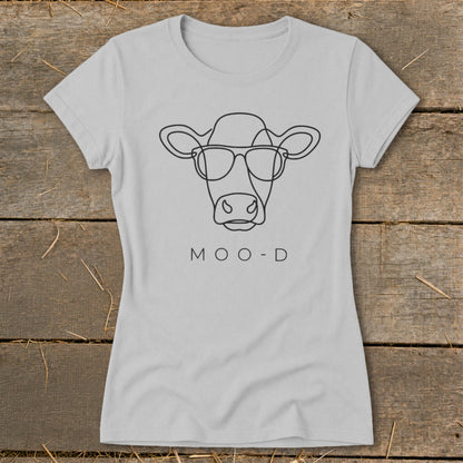 Light grey t-shirt with black line drawing of a cow wearing sunglasses and the text "MOO-D".