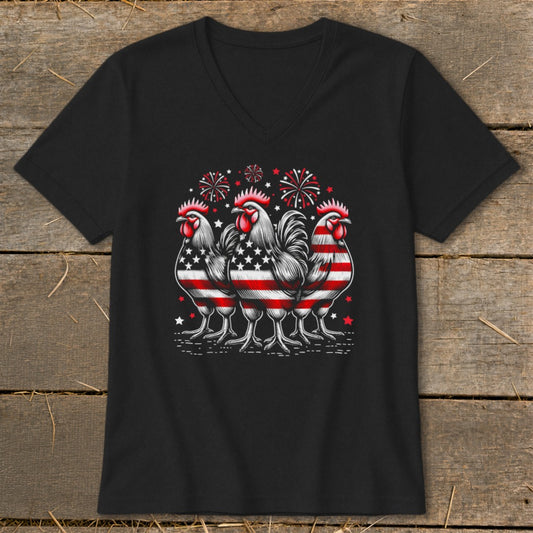 Three roosters with American flag pattern and fireworks design on black t-shirt.