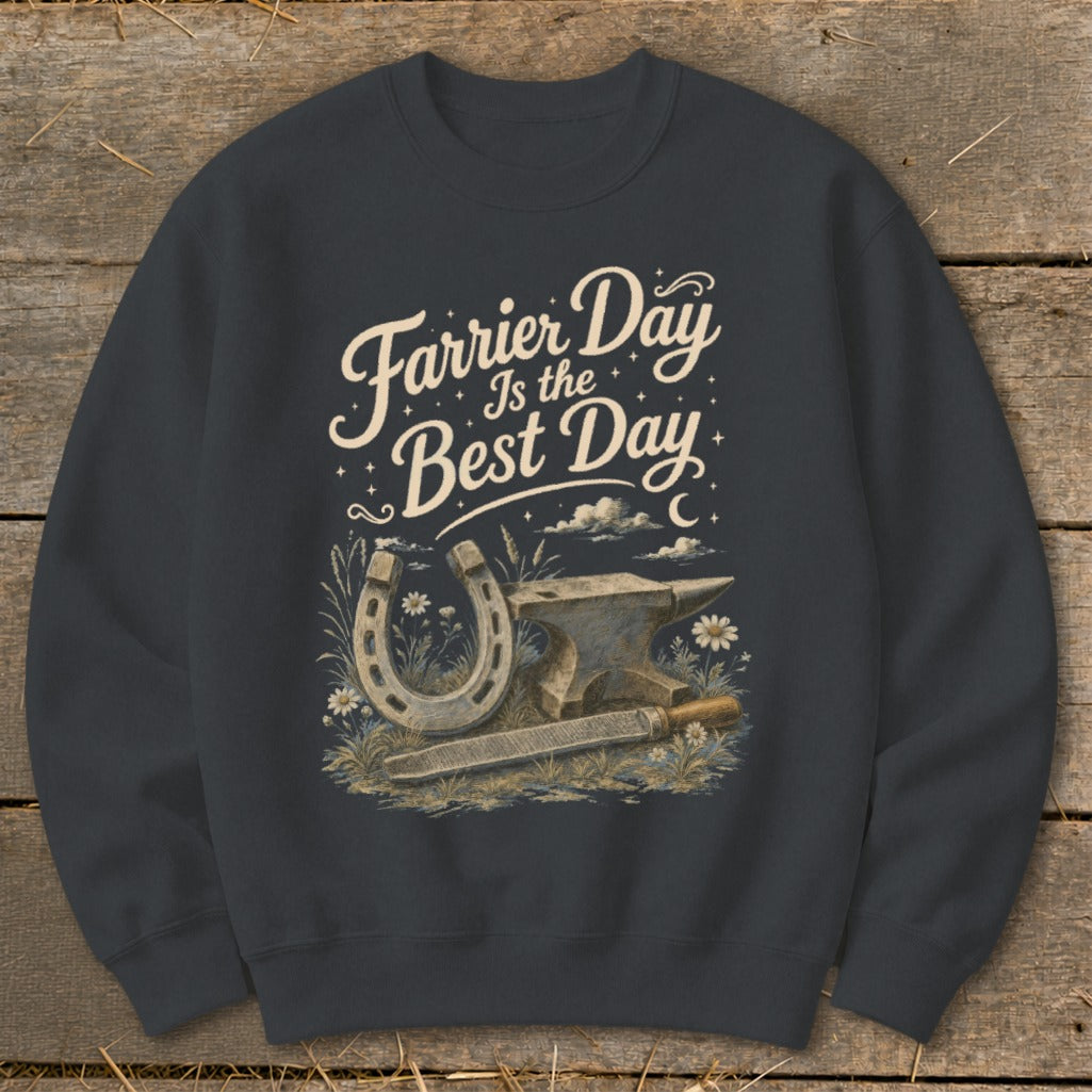 Dark gray sweatshirt with "Farrier Day Is the Best Day" text and horseshoe, anvil, and file graphics.
