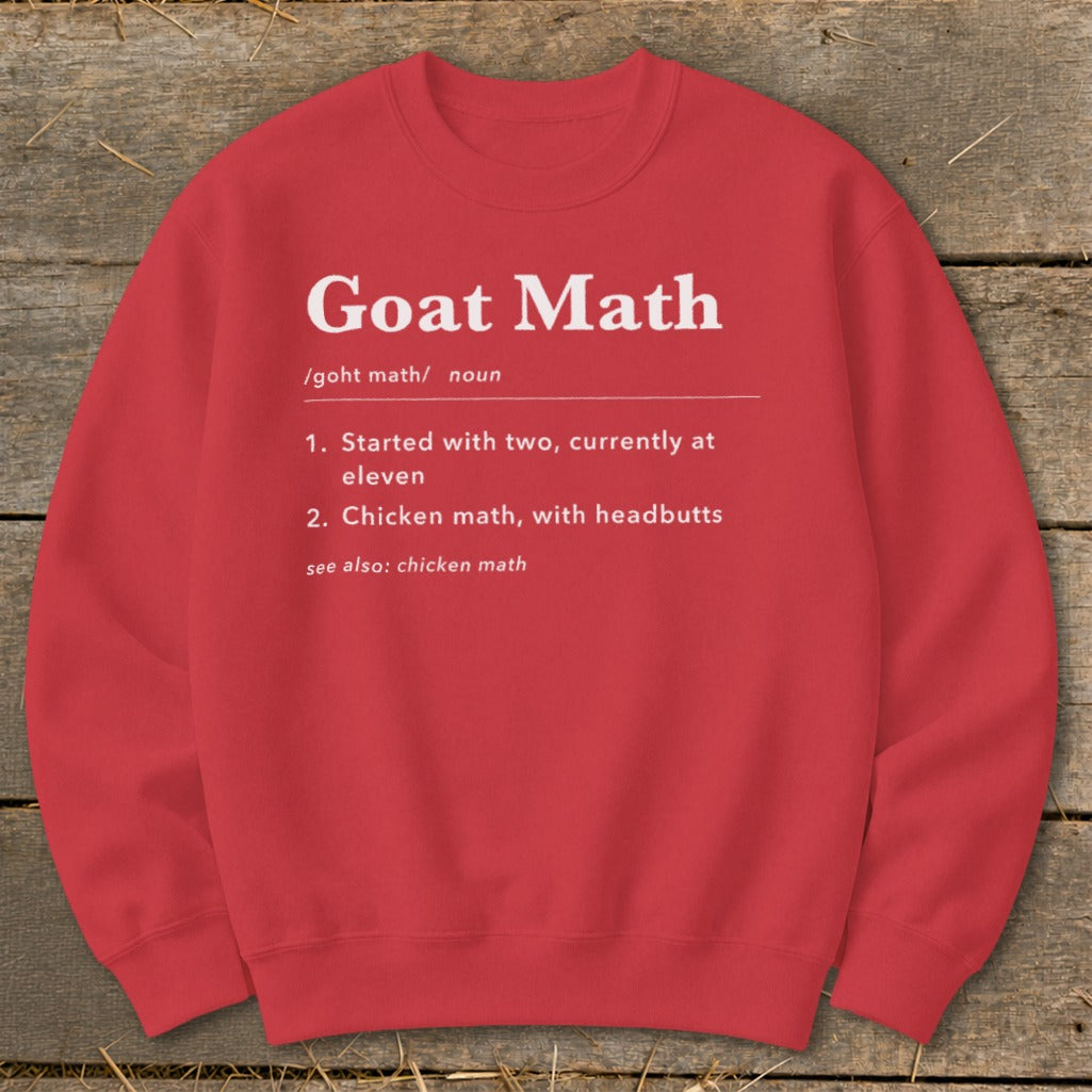 Red sweatshirt with "Goat Math" definition and humorous phrases.