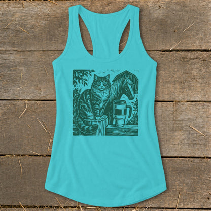 Teal tank top with a graphic of a cat sitting next to a horse and mug.