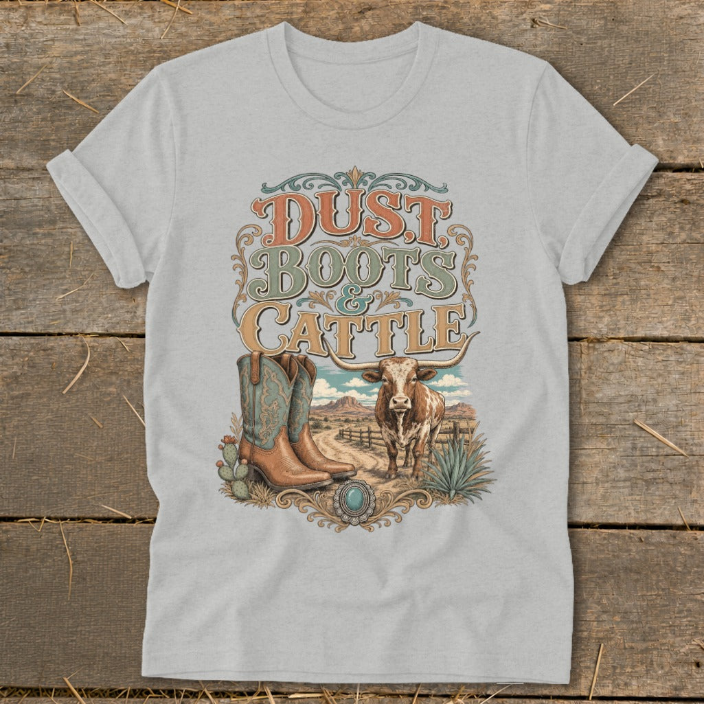 T-shirt graphic with "Dust Boots & Cattle" text, boots, and a bull.