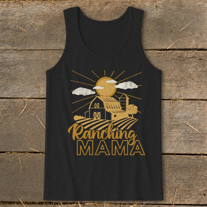 Black tank top with "Ranching MAMA" text and barn graphic.