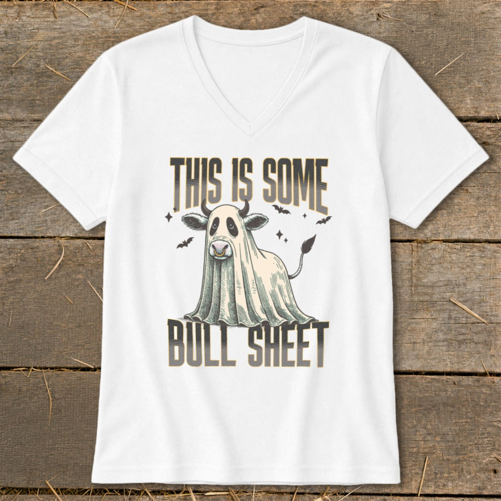 White t-shirt with a cartoon bull dressed as a ghost and the text "This is Some Bull Sheet".