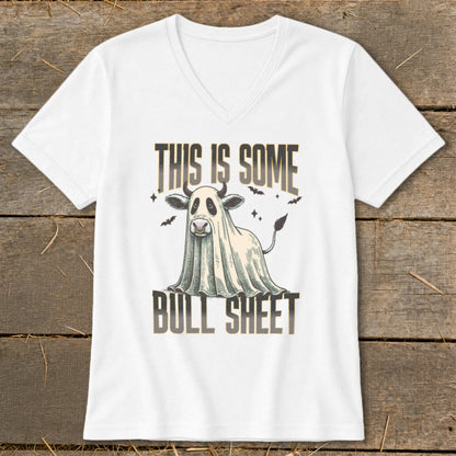 White t-shirt with a cartoon bull dressed as a ghost and the text "This is Some Bull Sheet".