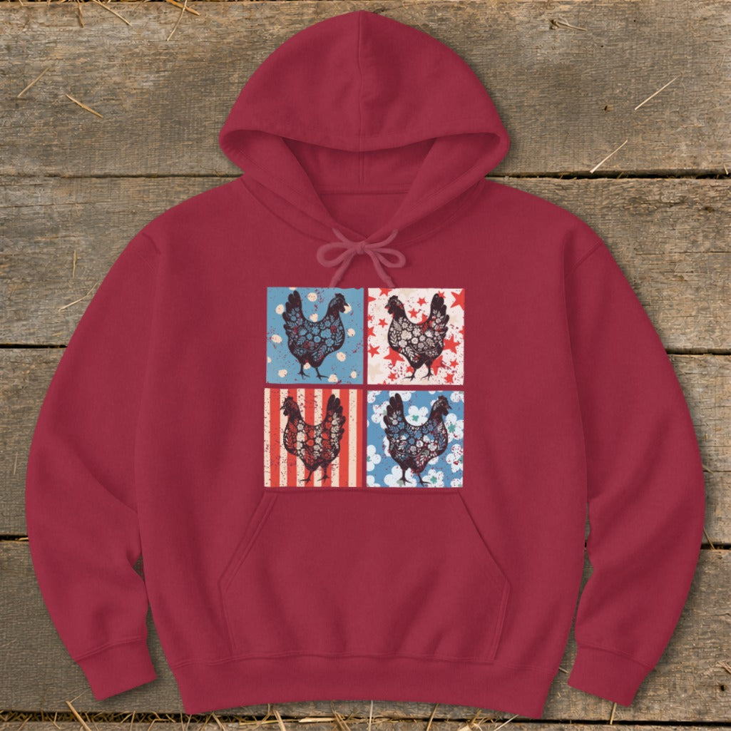 Maroon hoodie with four square panels featuring patriotic-themed chicken designs.