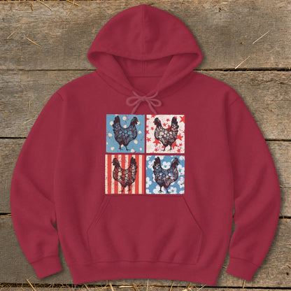 Maroon hoodie with four square panels featuring patriotic-themed chicken designs.
