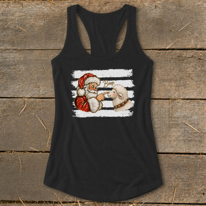 Santa booping a sheep with the word "Boop" above them on a tank top.
