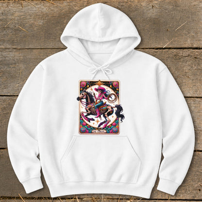 Graphic print of a cowgirl on a skeletal horse with "The Cowgirl" text.