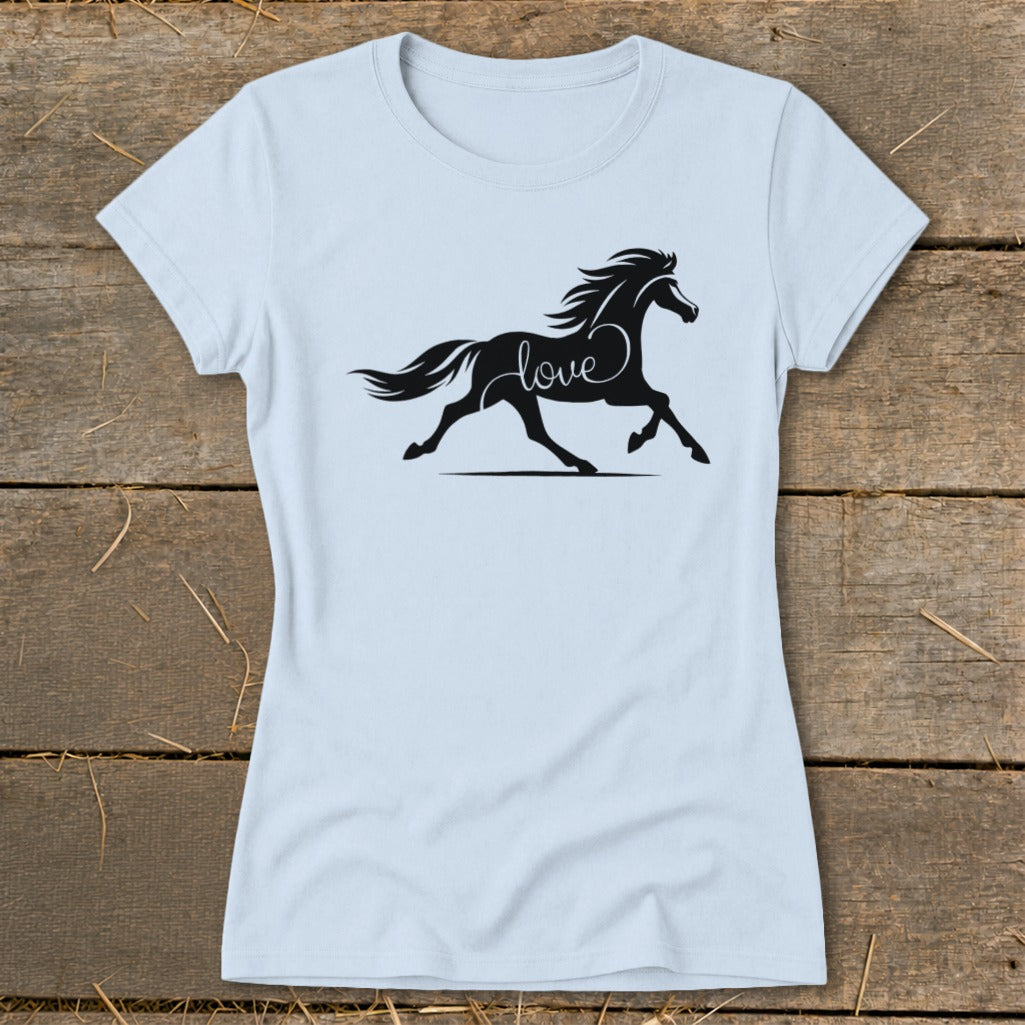Light blue t-shirt with black silhouette of horse running and the word "love".