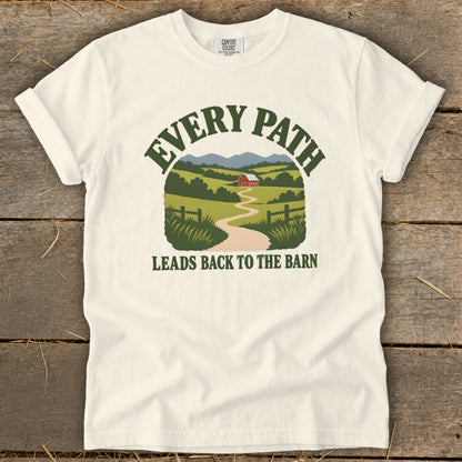 White t-shirt with "EVERY PATH LEADS BACK TO THE BARN" text and barn scene.