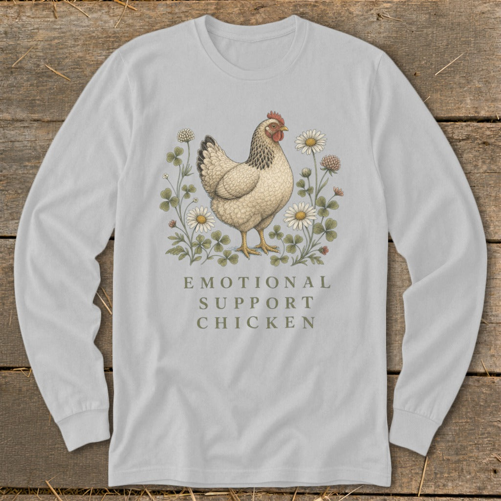 Grey long-sleeve shirt with a chicken, clover, and daisies graphic and text.