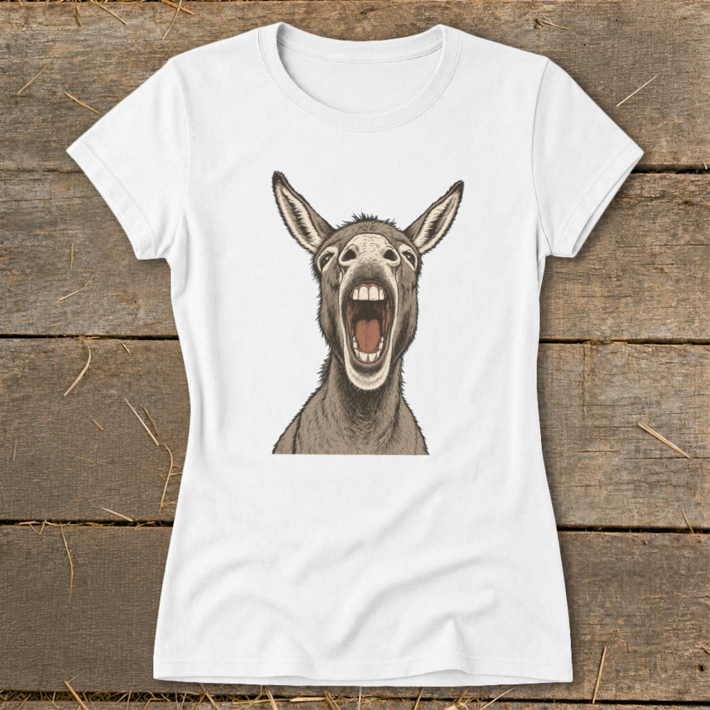 White t-shirt featuring a detailed illustration of a donkey's head with its mouth open wide.