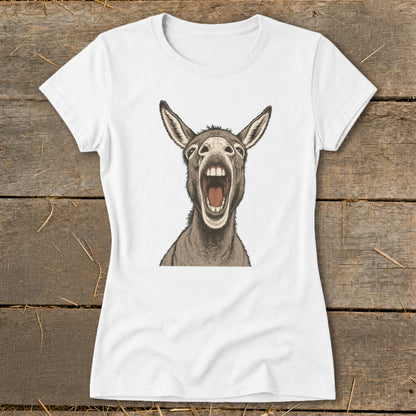 White t-shirt featuring a detailed illustration of a donkey's head with its mouth open wide.