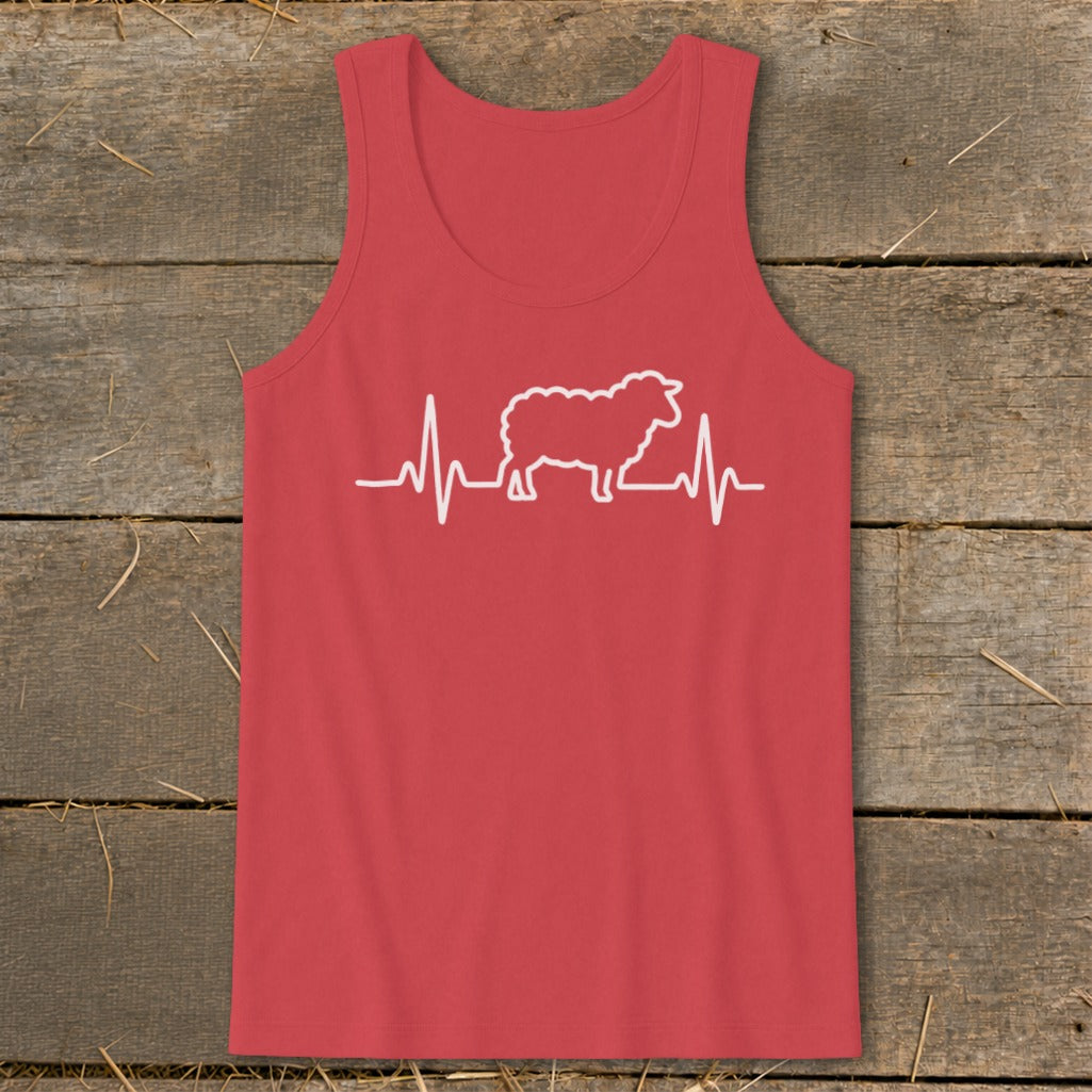 A red tank top features a white graphic of a sheep integrated into a heartbeat line.