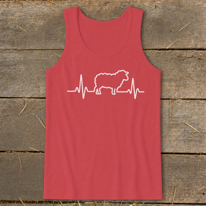 A red tank top features a white graphic of a sheep integrated into a heartbeat line.