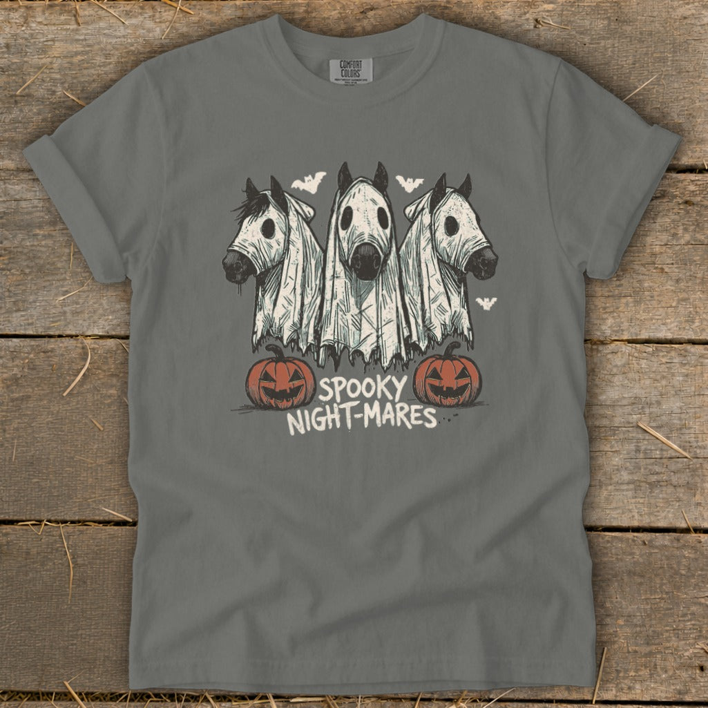 Three horses in ghost costumes with pumpkins and bats, text "SPOOKY NIGHT-MARES".