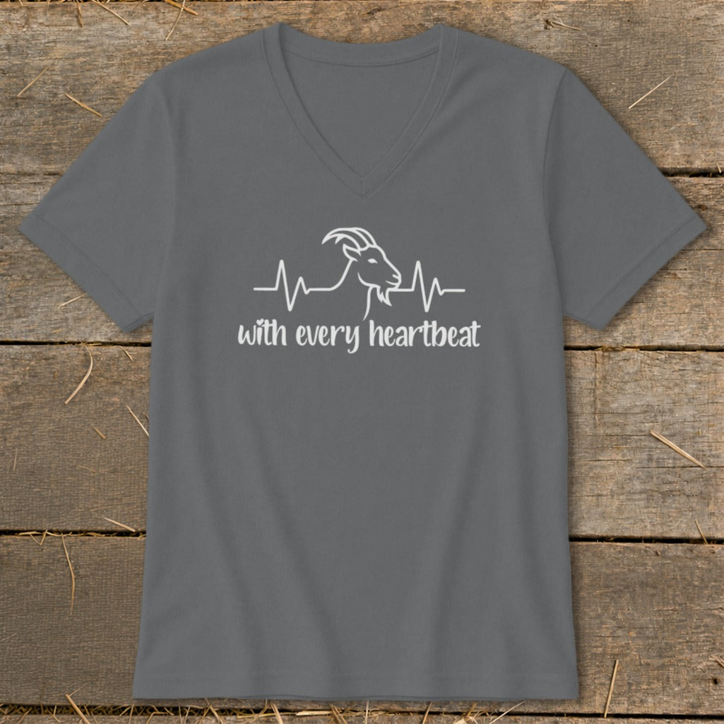 Grey v-neck t-shirt with a white line art goat and heartbeat design, text reads "with every heartbeat".