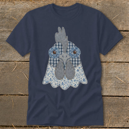 Navy t-shirt with a fabric applique of a blue and white patterned chicken face.